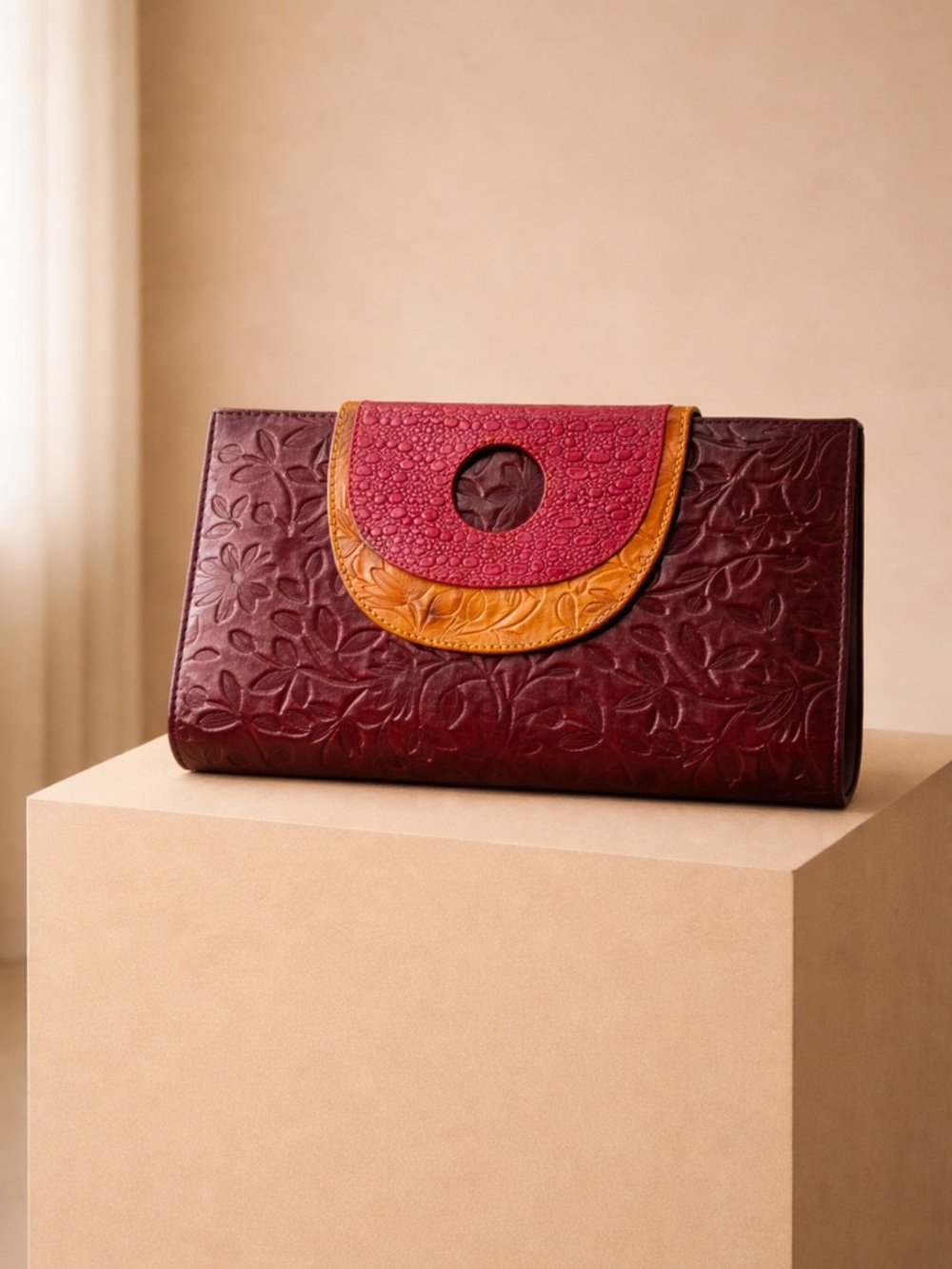 Sold Tooled Leather Clutch | Embossed Floral | Burgundy Multi | Genuine Leather - Picture 8 of 8